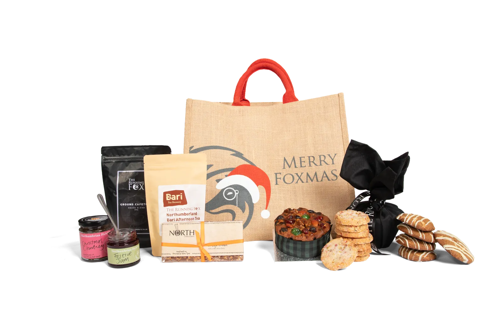 A Foxmas Tale gift bag - large Merry Foxmas jute bag with Christmas pudding, cake, coffee, tea and treats