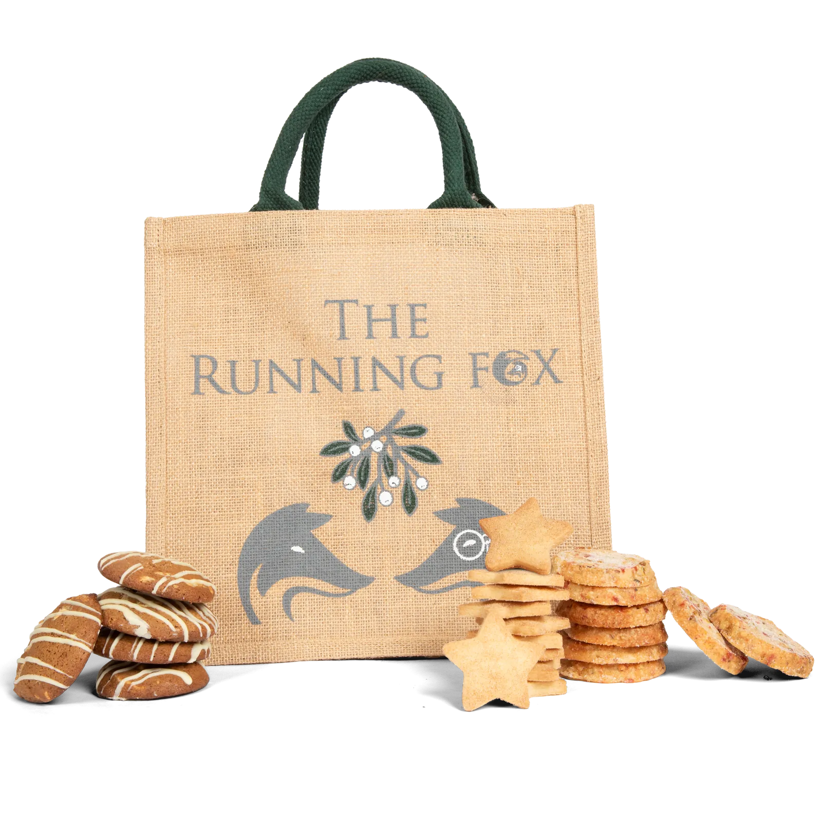 Merry Foxmas gift bag - small mistletoe jute bag with shortbread and cookies