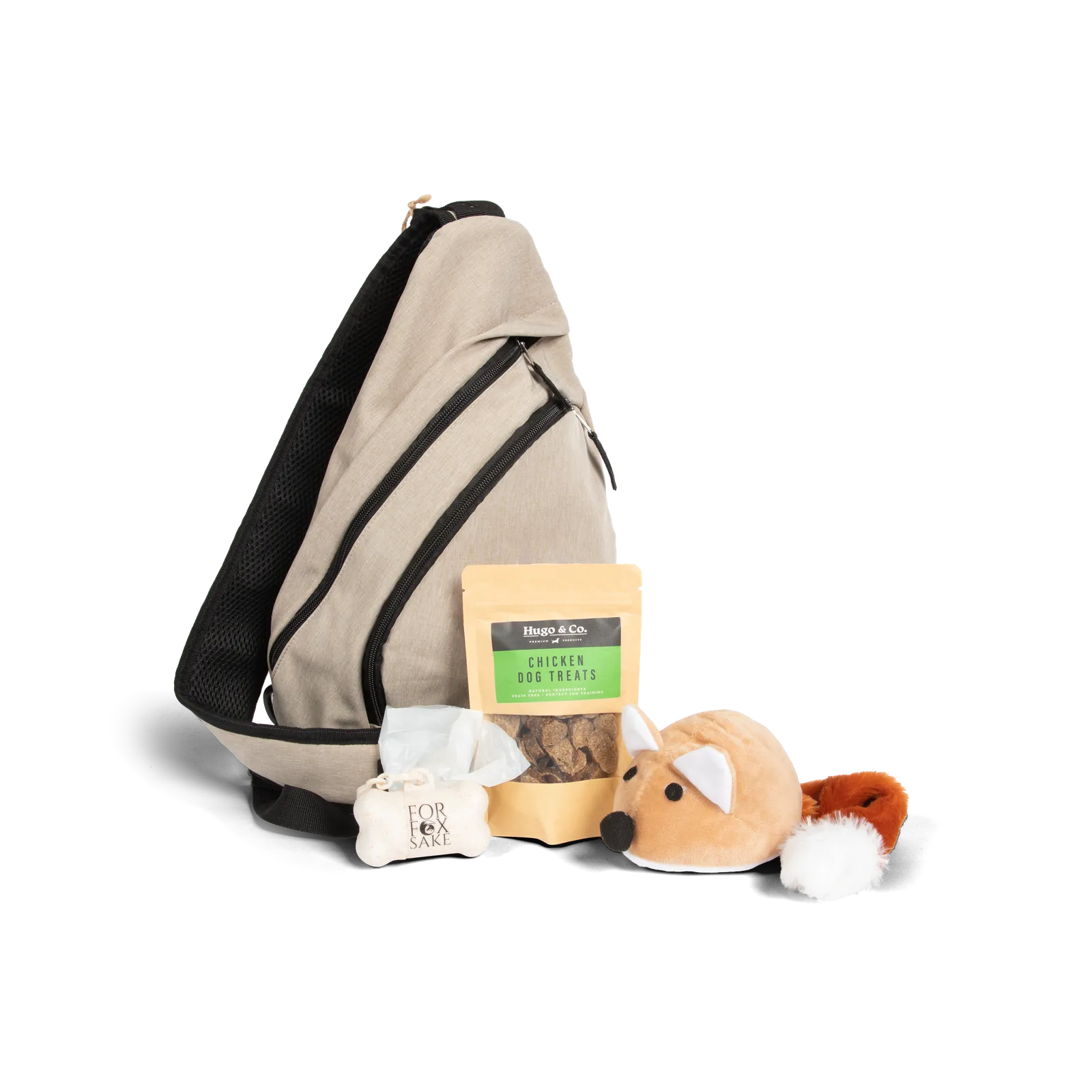 Santa Paws gift bag - sling back pack with dog treats and a squeaky fox toy