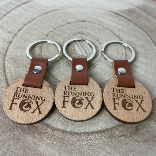 The Running Fox Wood Keyring with Leather Handle