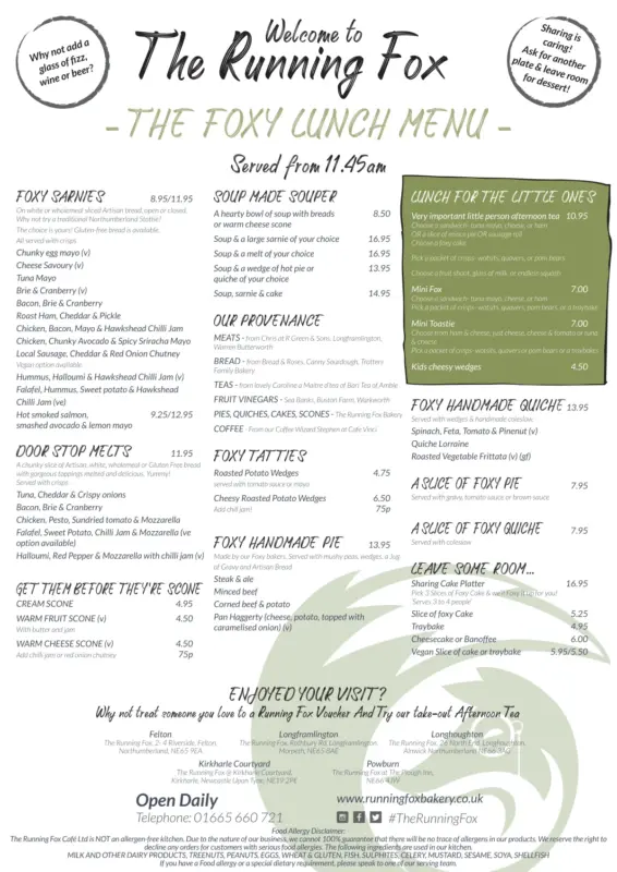 The Running Fox Main Menu - October 2025