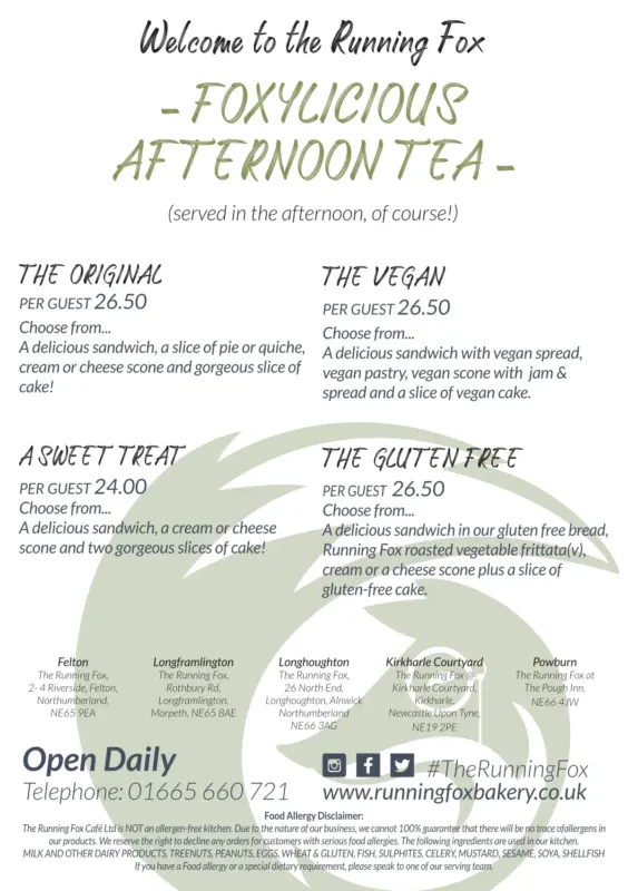 The Running Fox Afternoon Tea Menu - October 2025
