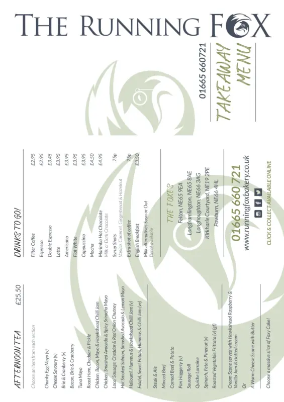 The Running Fox Takeaway Menu - October 2025