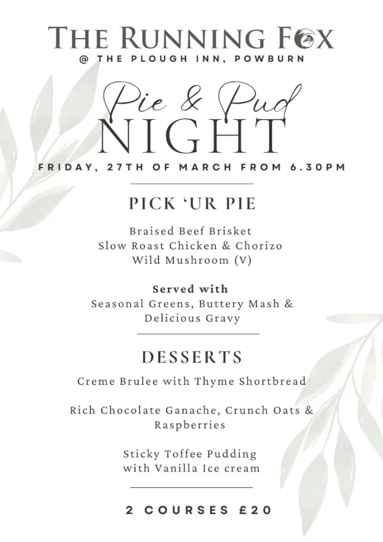 Pie and Pud Night Menu