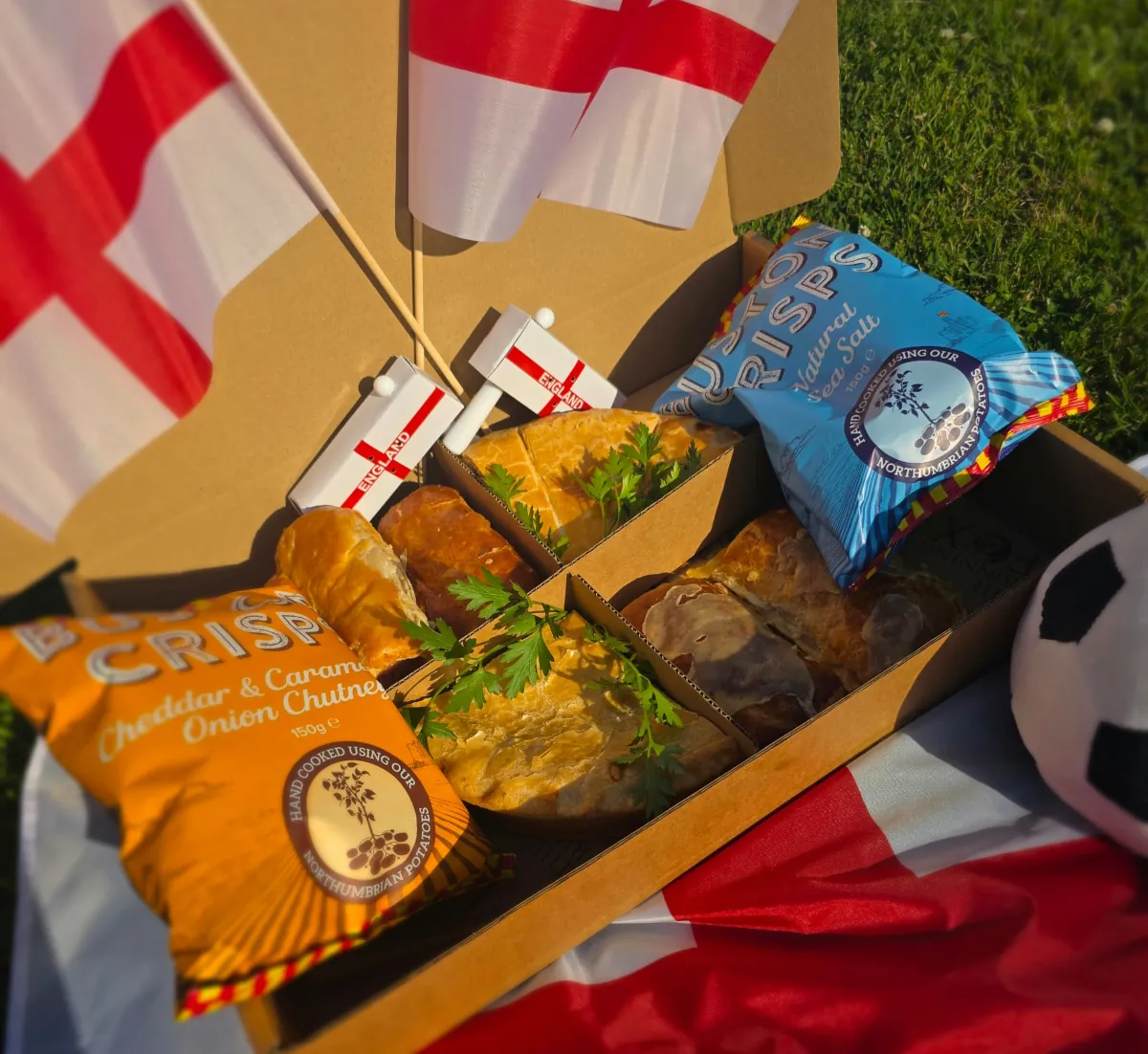 Football Feast Deal — homemade pie, Foxy sausage rolls and Buston Crisps
