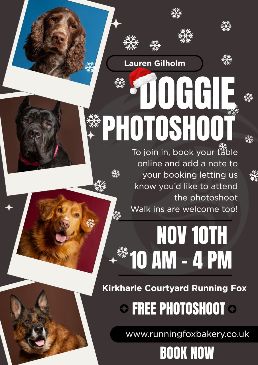 Doggie Photoshoot with Lauren Gilholm at The Running Fox Kirkharle Courtyard, Tuesday 10th November 2026, 10am to 4pm. Free photoshoot.