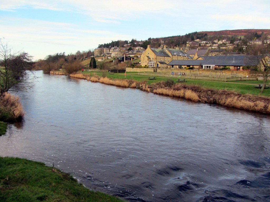 The River Coquet flowing past the riverside green at Rothbury